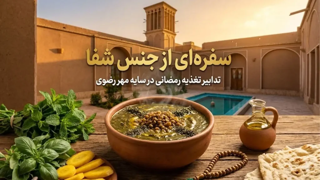 سفره افطار سنتی در حیاط بافت تاریخی یزد شامل آش سلامت گیاهی خادمیاران رضوی و زردک یزدی