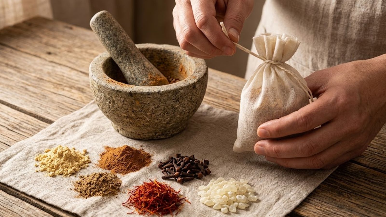 آسیاب کردن ادویه‌جات و کیسه‌ی پارچه‌ای ادویه برای شربت امام رضا