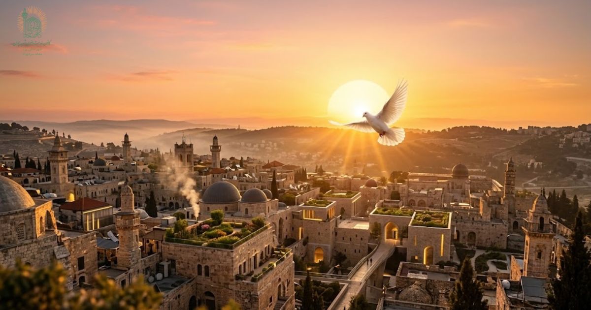 طلوع آفتاب و پرواز کبوتر سفید به سمت نور، نماد انتظار فرج و بالاترین سطح امیدواری در روزهای سخت.