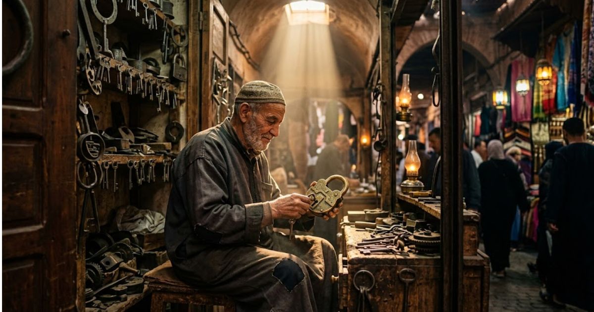 پیرمرد قفل ساز در بازار سنتی خاورمیانه نماد کاسب باانصاف و میزبان امام زمان