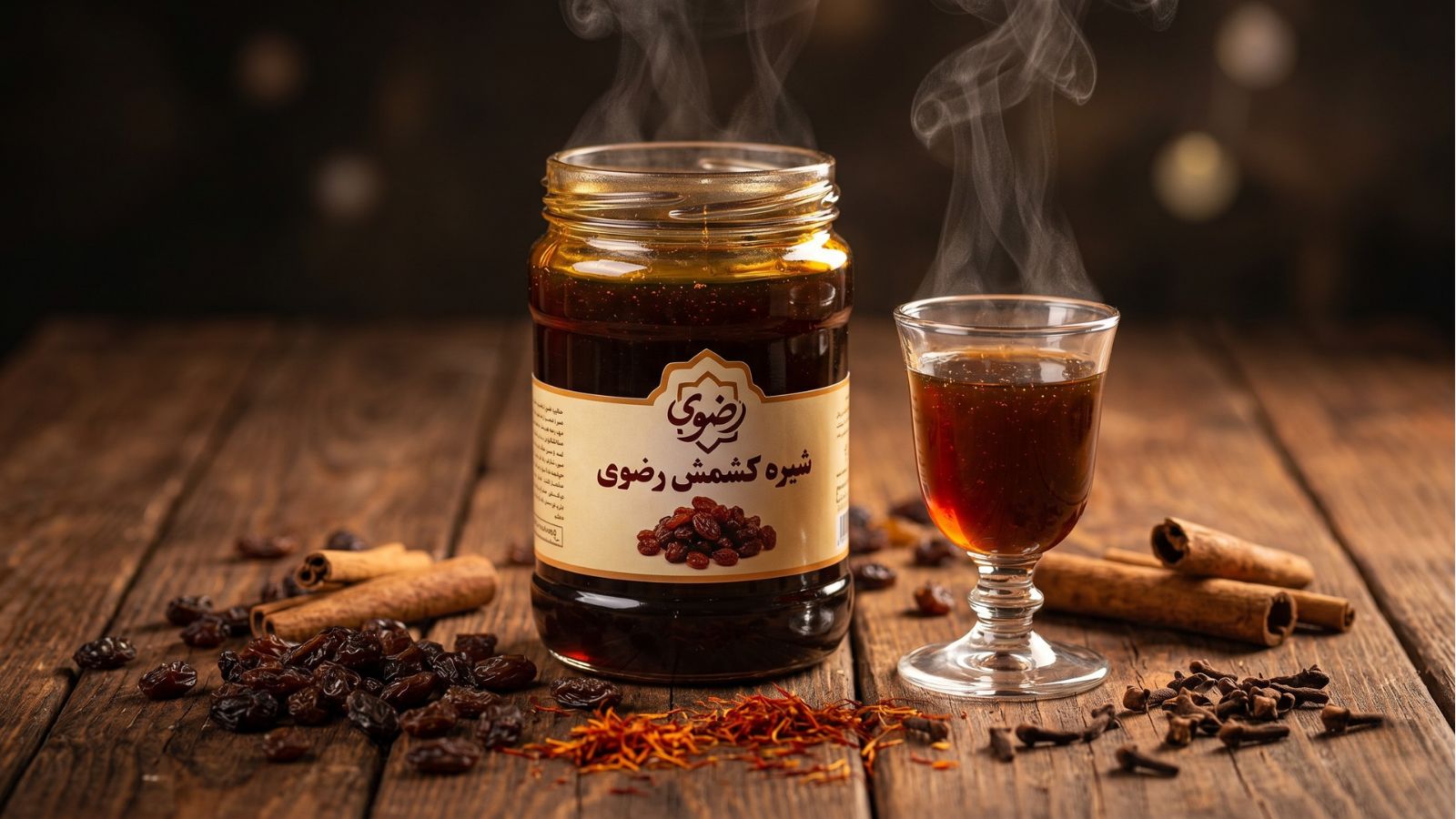 شربت امام رضا (شراب رضوی) آماده در شیشه و لیوان به‌همراه مویز و زعفران