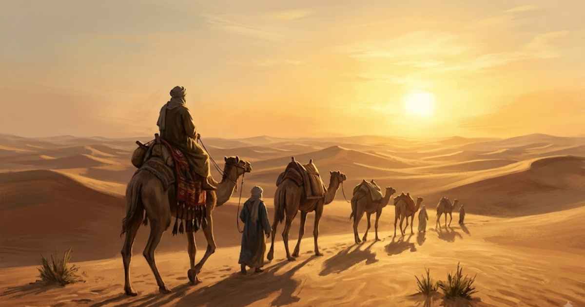 کاروان تاریخی در حال حرکت در کویر هنگام غروب آفتاب