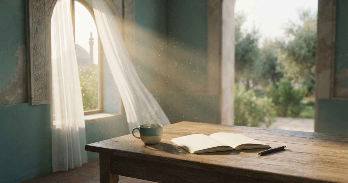 میز کار کنار پنجره با نور ملایم صبح؛ نمادی از باز شدن فضا و آرامش ذهن