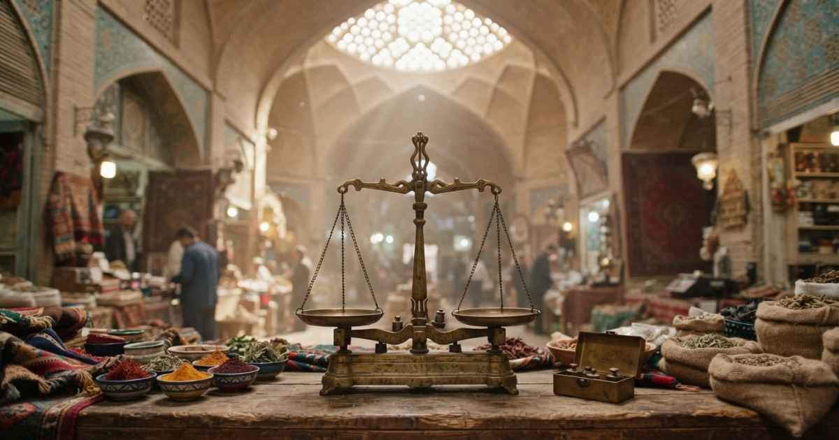 ترازوی برنجی قدیمی در بازار سنتی؛ نمادی از انصاف و اعتماد در دادوستد